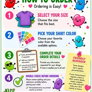 The image is a colorful and visually appealing guide on how to order a personalized shirt. It features cartoon characters and illustrations to guide the viewer through the process.
