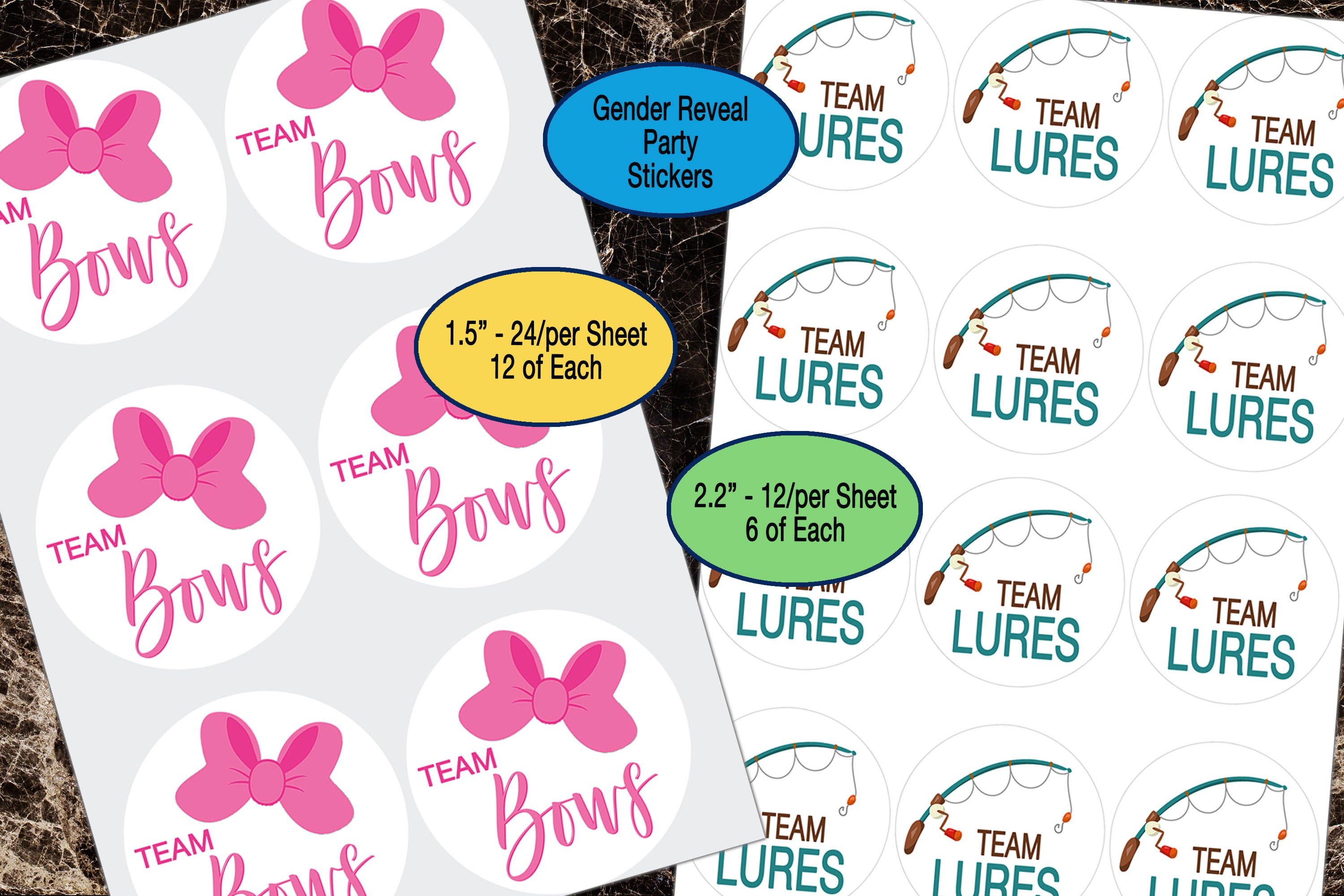 Gender Reveal, Team Bows, Team Lures, Sticker Sheet, Party Favor