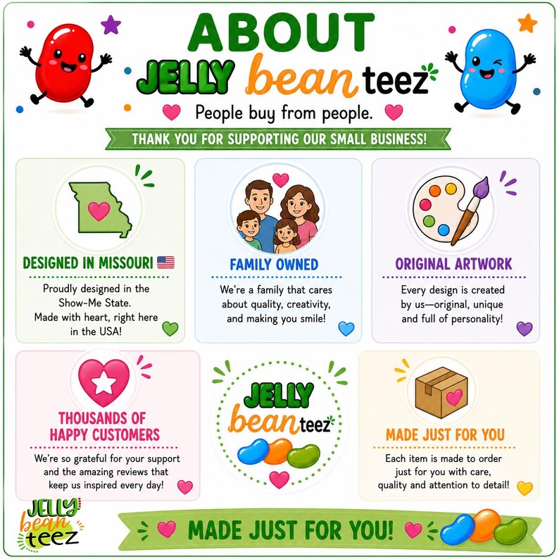 The image is a colorful and visually appealing advertisement for a company called Jelly Bean Teez. It features a variety of images and text highlighting the company's products and services, such as the original artwork, handmade products, and the company's commitment to quality and creativity. The advertisement emphasizes that Jelly Bean Teez is a small business that supports local artists and creates unique, heart-centered products for customers.