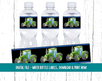 May include: Three clear plastic water bottles with labels featuring a green tractor on a black background. The labels have blue trim and the text "DIGITAL FILE - WATER BOTTLE LABELS... DOWNLOAD & PRINT NOW!" is at the bottom of the image.