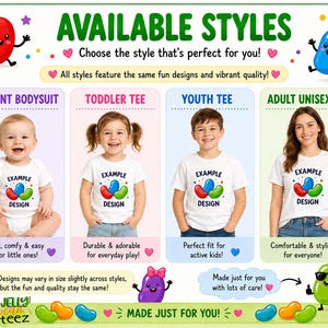 The image is an advertisement for a line of t-shirts featuring cartoon characters. It showcases four different styles of t-shirts, each with a unique design and color. The t-shirts are designed for various age groups, including infants, toddlers, youth, and adults. The ad highlights the fun and vibrant designs of the t-shirts, as well as their durability and comfort for active kids. The t-shirts are made just for you, ensuring a perfect fit and a stylish appearance.