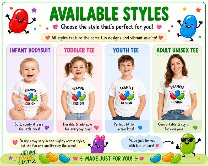 The image is an advertisement for a line of t-shirts featuring cartoon characters. It showcases four different styles of t-shirts, each with a unique design and color. The t-shirts are designed for various age groups, including infants, toddlers, youth, and adults. The ad highlights the fun and vibrant designs of the t-shirts, as well as their durability and comfort for active kids. The t-shirts are made just for you, ensuring a perfect fit and a stylish appearance.