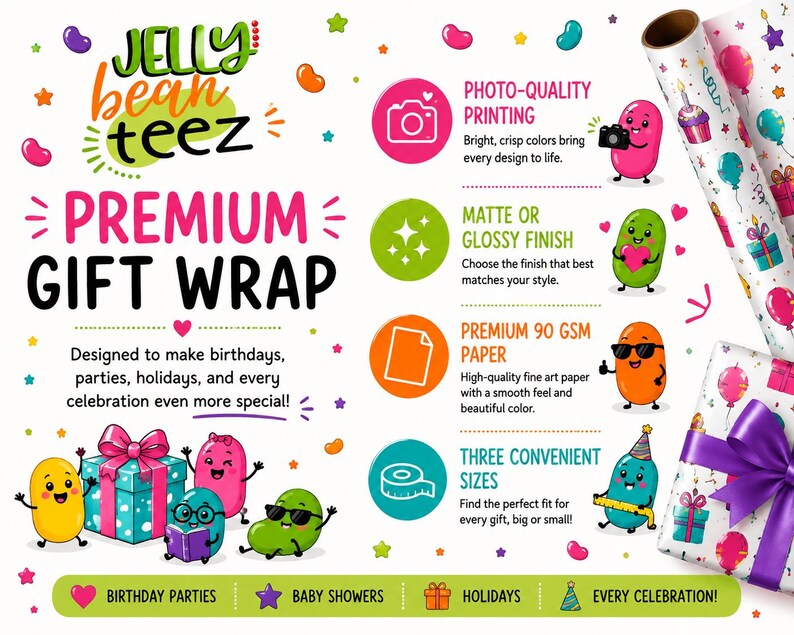The image is a colorful advertisement for Jelly Bean Teez gift wrap, featuring cartoon characters and illustrations of various gift wrap sizes and designs.