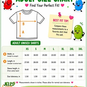 The image is an adult size chart for unisex shirts, providing measurements and sizes for different age groups.
