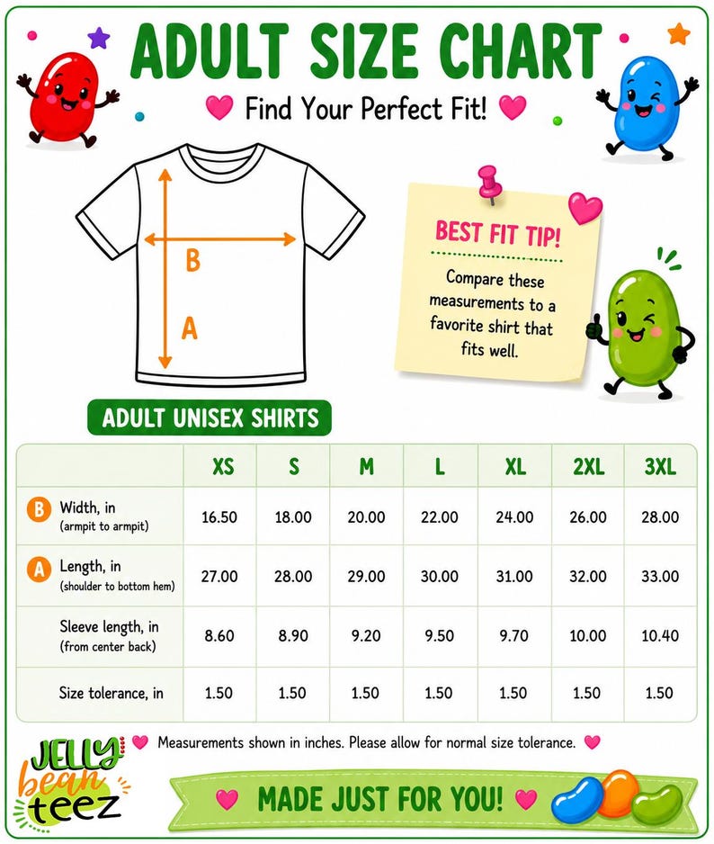 The image is an adult size chart for unisex shirts, providing measurements and sizes for different age groups.