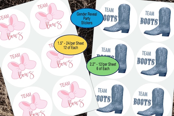 Team Bows, Team Boots Gender Reveal Stckers - 40 Labels (20 Of Each