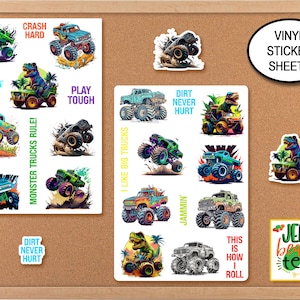 T-Rex Dinosaur Monster Truck Stickers For Kids, Monster Truck Decal Sticker Sheet, Dinosaur Birthday Party, Dinosaur Stickers, T-Rex Sticker