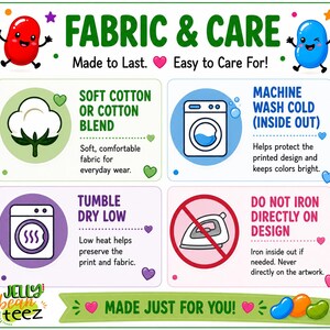 The image is a colorful and informative poster about fabric and care, featuring various illustrations and text to explain the benefits and instructions for different types of fabrics and care methods.