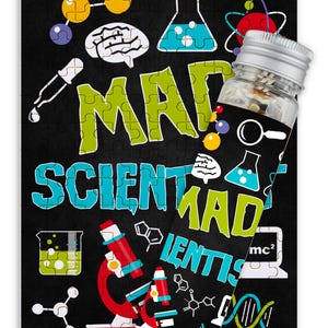 May include: A black and white puzzle with a science theme. The puzzle features a test tube filled with colorful beads, a microscope, a brain, a DNA strand, and the words "Mad Scientist".