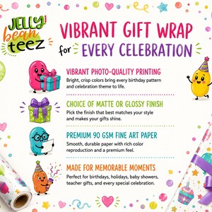 The image is an advertisement for Jelly Bean Teez gift wrap, featuring colorful illustrations of a character holding a gift and balloons.