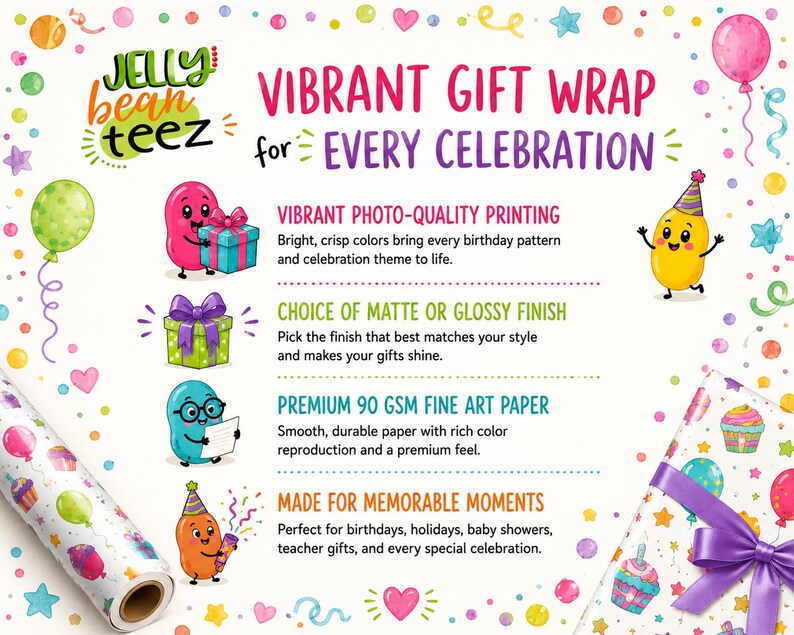 The image is an advertisement for Jelly Bean Teez gift wrap, featuring colorful illustrations of a character holding a gift and balloons.