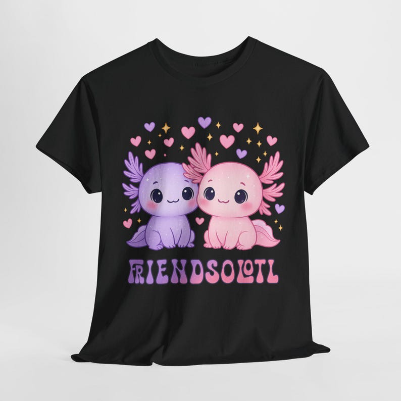 A black t-shirt with a graphic design featuring two cute cartoon axolotl (axolotl) characters surrounded by hearts and stars. The text below the design reads "FRIENDSOLOTL".