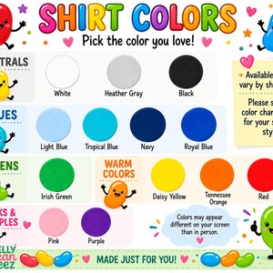 The image is a colorful and vibrant collage featuring a variety of cartoon characters in different colored shirts, along with a color chart and a message encouraging the viewer to pick their favorite color.