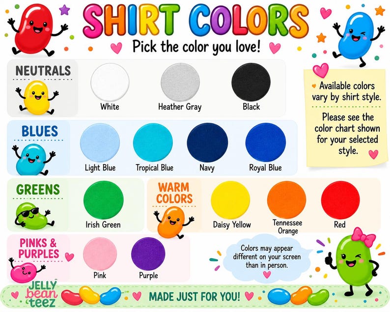 The image is a colorful and vibrant collage featuring a variety of cartoon characters in different colored shirts, along with a color chart and a message encouraging the viewer to pick their favorite color.