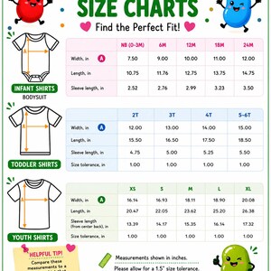 The image is a size chart for baby and youth clothing, providing measurements and corresponding size labels for different age groups.