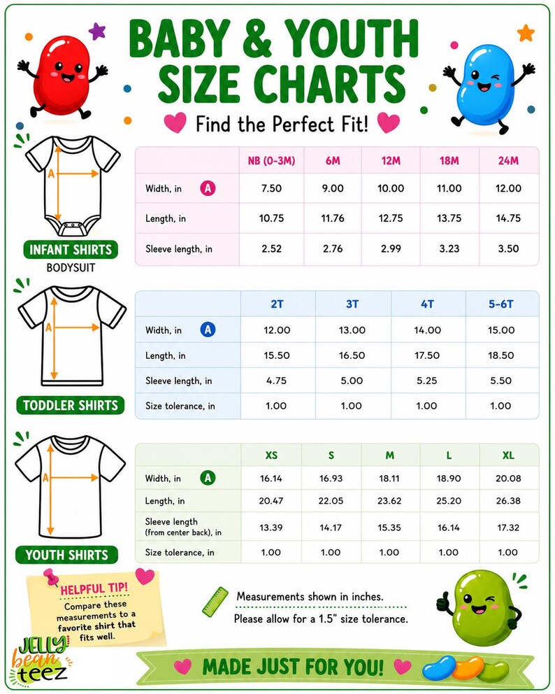 The image is a size chart for baby and youth clothing, providing measurements and corresponding size labels for different age groups.