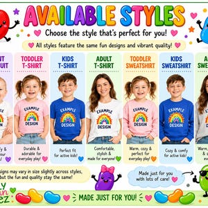 The image is a colorful advertisement for a line of t-shirts featuring various styles, including infants, toddlers, kids, and adults.