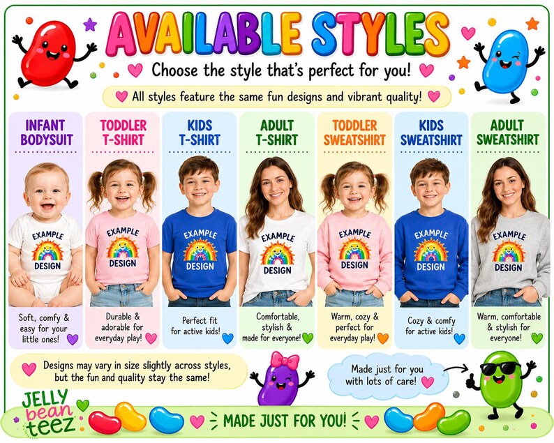 The image is a colorful advertisement for a line of t-shirts featuring various styles, including infants, toddlers, kids, and adults.