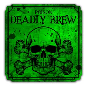 May include: A green and black vintage-style label with a skull and crossbones and the text "POISON DEADLY BREW".