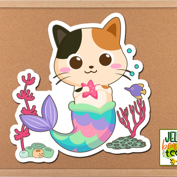 Meowmaid Cat Mermaid Sticker, Phone Case Sticker, Water Bottle Sticker, Cute Birthday Girl Stickers, Party Favor Tag, Water Bottle Labels,