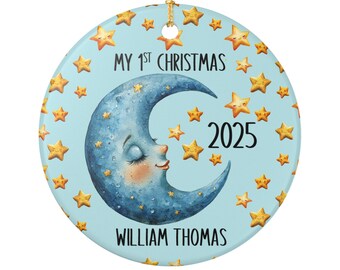 Personalized My 1st Christmas Ornament, Custom Name Baby’s First Christmas Moon and Stars Holiday Ornament, Newborn Keepsake Gift