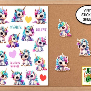 Cute Baby Unicorn Sticker Sheet, Water Bottle Sticker, Baby Animals, Unicorn Decal, Journal Stickers, Baby Shower Favor, Birthday Stickers