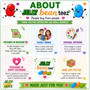 The image is a colorful and visually appealing advertisement for a company called Jelly Bean Teez. It features a variety of images and text highlighting the company's products and services, such as the original artwork, handmade products, and the company's commitment to quality and creativity. The advertisement emphasizes that Jelly Bean Teez is a small business that supports local artists and creates unique, heart-centered products for customers.