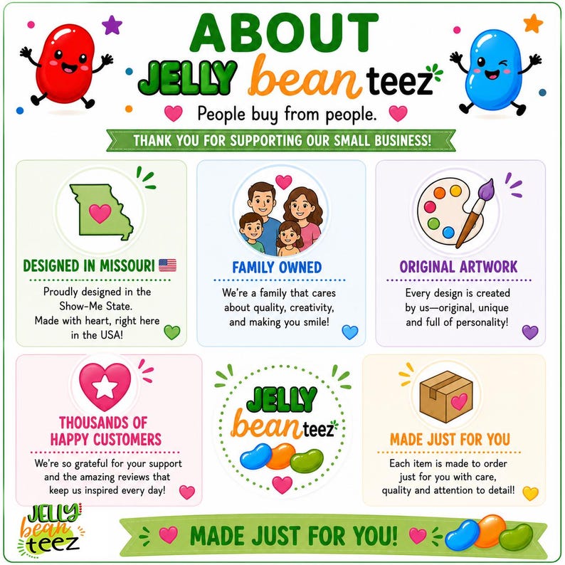 The image is a colorful and visually appealing advertisement for a company called Jelly Bean Teez. It features a variety of images and text highlighting the company's products and services, such as the original artwork, handmade products, and the company's commitment to quality and creativity. The advertisement emphasizes that Jelly Bean Teez is a small business that supports local artists and creates unique, heart-centered products for customers.