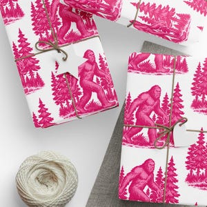 Pink Bigfoot Gift Wrap Paper, Fun Big Foot Wrapping Paper for Christmas or Birthday, Sasquatch Forest Design, Cryptid Myth Gift Wrap Sheet