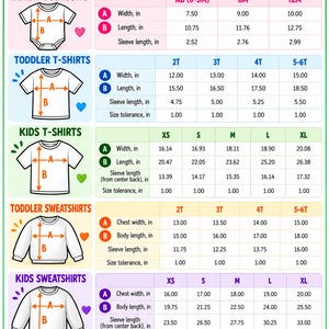 The image is a colorful and informative baby and youth size chart that provides measurements and corresponding clothing sizes for infants, toddlers, and young children.