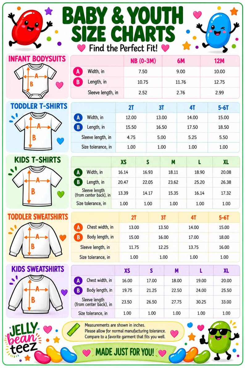The image is a colorful and informative baby and youth size chart that provides measurements and corresponding clothing sizes for infants, toddlers, and young children.