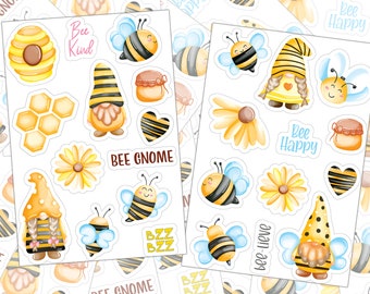 Bee Gnome Stickers, Sticker Sheet, Vinyl Decal, Gnome Planner, Calendar Stickers, Bumble Bee, Sticker Pack, Honey Bee Sticker, Spring Gnome