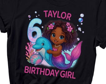 Black Mermaid Birthday Girl Shirt, Personalized Melanin Mermaid Party Tee, Custom Birthday Gift for Girl, Magical Ocean Theme Dolphin Shirt