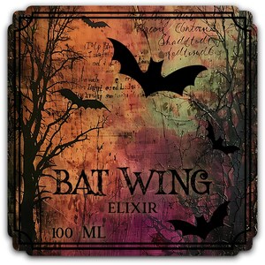 May include: A vintage-style label with a dark brown border and a distressed background. The label features a black silhouette of a bat with the text "BAT WING ELIXIR 100 ML".