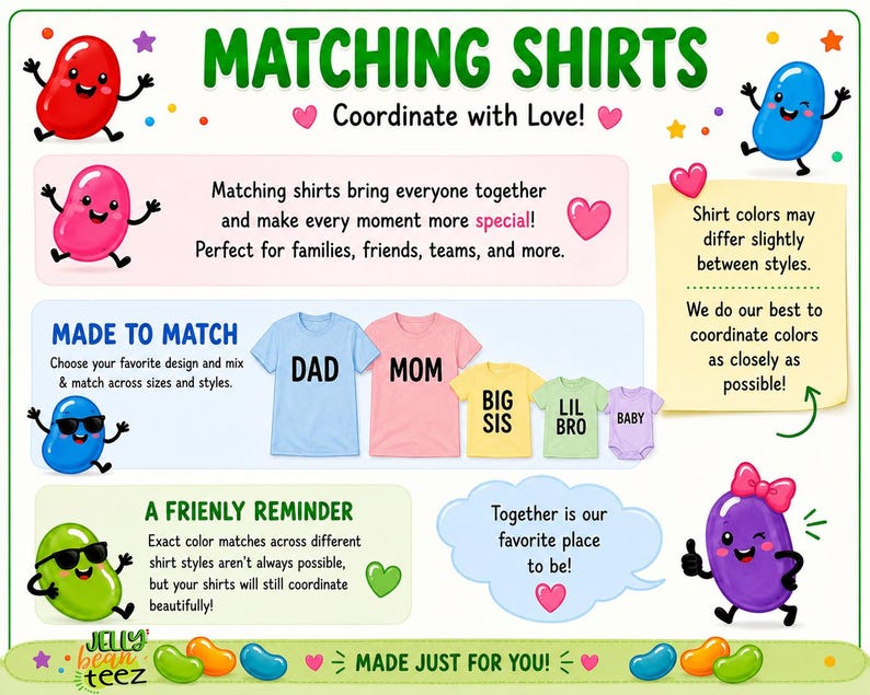 The image is a colorful and playful advertisement for matching shirts, featuring cartoon characters and various shirt designs.