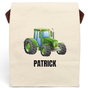 Personalized Canvas Lunch Bag Green Farm Tractor, Farmer Kids Lunch Tote Reusable Back To School Gift for Her, Eco Friendly Birthday Gift