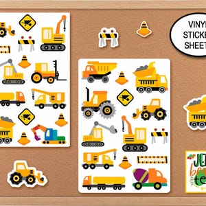 May include: Two rectangular vinyl sticker sheets and several individual die-cut stickers featuring yellow construction vehicles, orange traffic cones, and road signs. The text VINYL STICKER SHEETS and JELLY BEAN TEEZ are printed on the display.