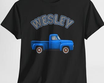 Personalized Blue Truck Shirt, Custom Name T-Shirt, Vintage Pickup Birthday or Holiday Tee for Kids, Boys Farm Truck Outfit