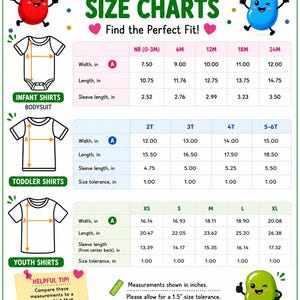 The image is a size chart for baby and youth clothing, providing measurements and corresponding size labels for different age groups.