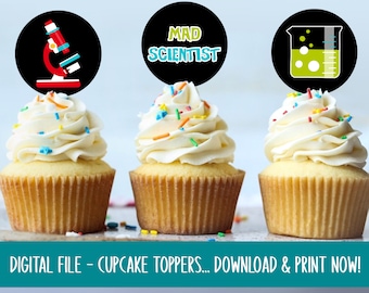 Mad Scientist Birthday, Cupcake Toppers, DIGITAL Download, Science Party Printable, Birthday Party Decor, Science Party Decorations File