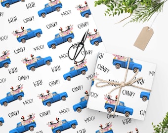 Oink Baa Moo Retro Blue Truck Farm Animals Gift Wrap Paper, 1st Birthday Gift for Kids, Baby Shower Gift Wrapping Paper Roll, Cute Gift Wrap