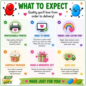 The image is a colorful advertisement featuring cartoon characters and icons representing various aspects of a product or service, such as quality, customization, and speed of shipping.
