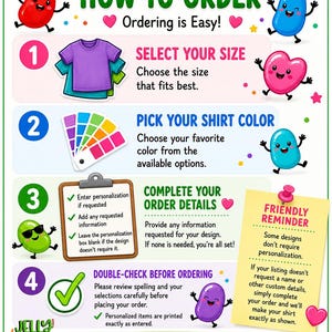 The image is a colorful and visually appealing guide on how to order a personalized shirt. It features cartoon characters and illustrations to guide the viewer through the process.