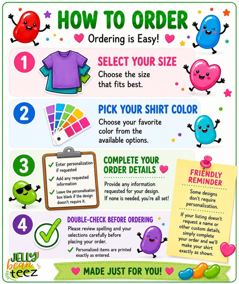 The image is a colorful and visually appealing guide on how to order a personalized shirt. It features cartoon characters and illustrations to guide the viewer through the process.