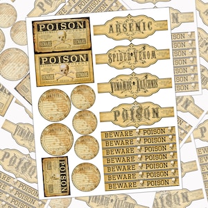 Vintage Apothecary Labels, Poison Potion Bottle Stickers, Gothic Scrapbook Decor, Spooky Halloween Jar Labels, Dark Academia Aesthetic (#1)