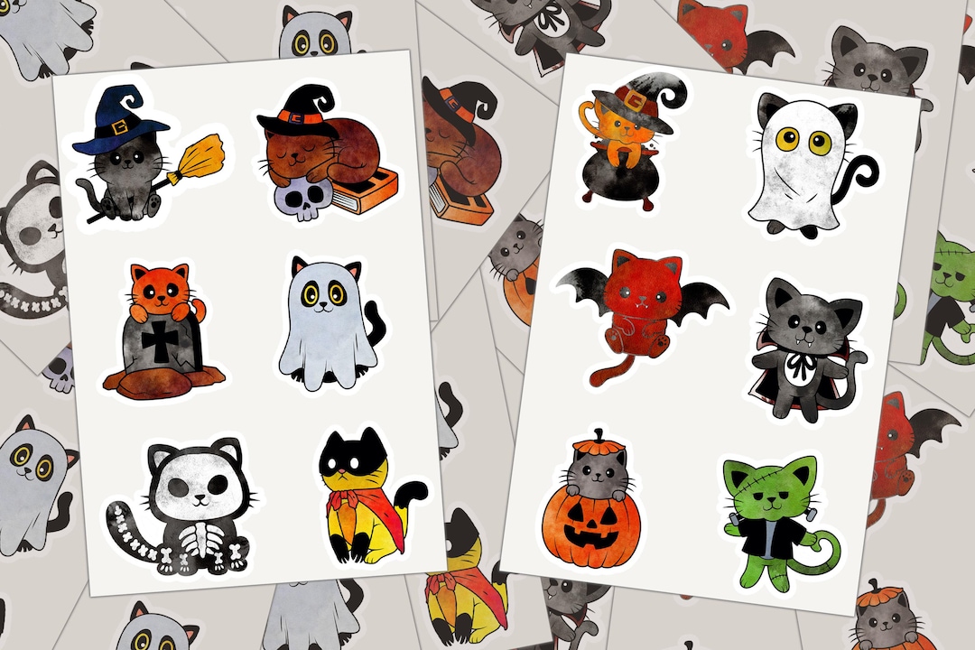 Halloween Cats, Sticker Sheets, Vinyl Decal, Black Cat, Witch Hat ...