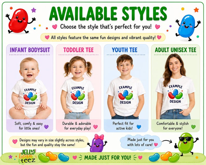 The image is an advertisement for a line of t-shirts featuring cartoon characters. It showcases four different styles of t-shirts, each with a unique design and color. The t-shirts are designed for various age groups, including infants, toddlers, youth, and adults. The ad highlights the fun and vibrant designs of the t-shirts, as well as their durability and comfort for active kids. The t-shirts are made just for you, ensuring a perfect fit and a stylish appearance.