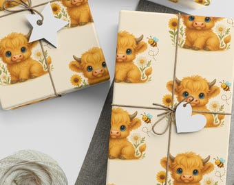 Highland Cow Gift Wrap, Neutral Farm Animal Wrapping Paper, Baby Shower or Birthday Cream Wrap with Daisy and Bee, Cute Cow Present Paper