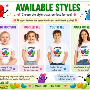 The image is an advertisement for a line of t-shirts featuring cartoon characters. It showcases four different styles of t-shirts, each with a unique design and color. The t-shirts are designed for various age groups, including infants, toddlers, youth, and adults. The ad highlights the fun and vibrant designs of the t-shirts, as well as their durability and comfort for active kids. The t-shirts are made just for you, ensuring a perfect fit and a stylish appearance.