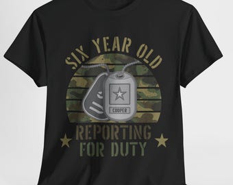Personalized Military Birthday Party Shirt, Reporting For Duty Kids Birthday Shirt, Dog Tags Camouflage USA Soldier Patriotic Birthday Gift